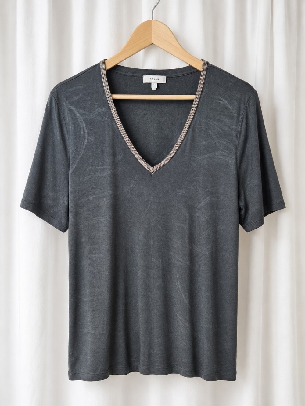 Reiss Flossy Embellished V-Neck Green Gray Jersey Knit Short Sleeve Top Blouse